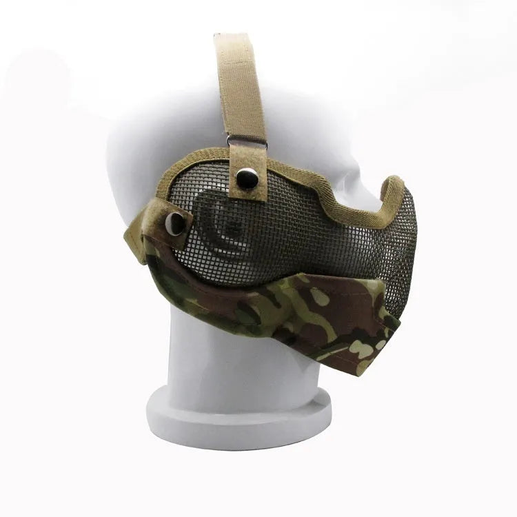 Carbon steel face protection mask in a head-mounted design on a mannequin head.