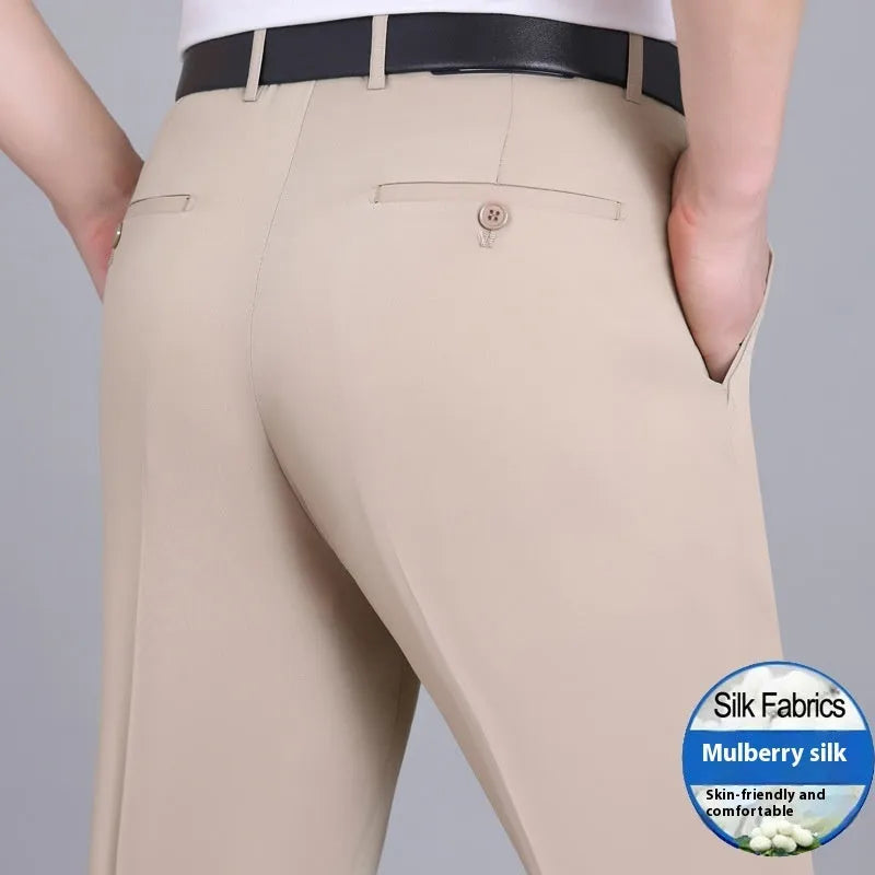 Men's mulberry silk blend straight-leg business trousers with high waist in dark blue colour