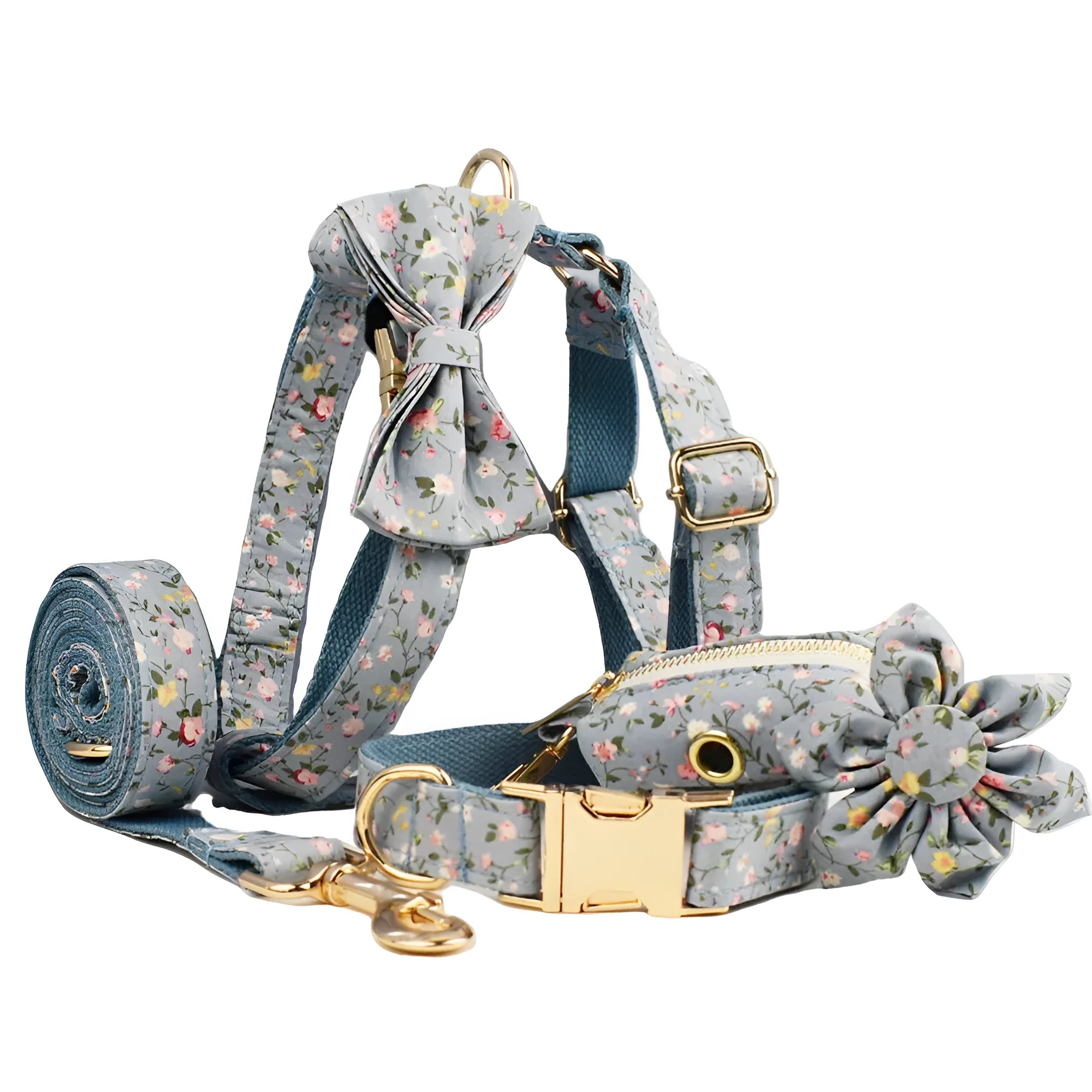 Blue floral patterned adjustable dog collar with matching leash, bow, and vest on a white background.