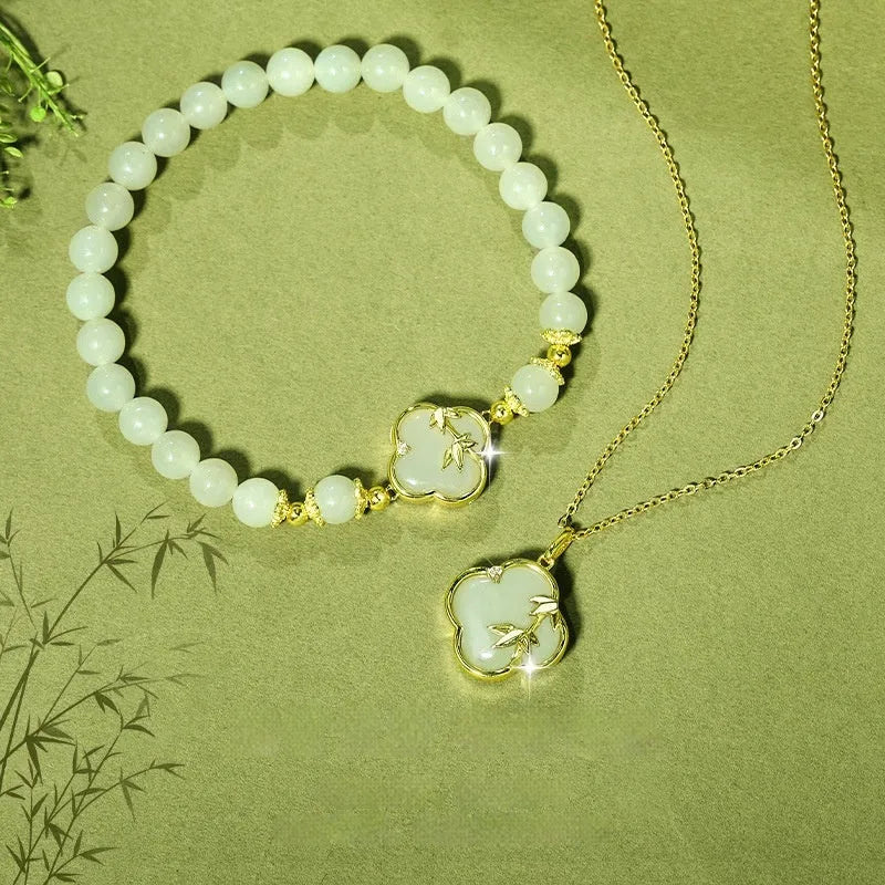 Hetian Jade leaf design bracelet and necklace set in national style.
