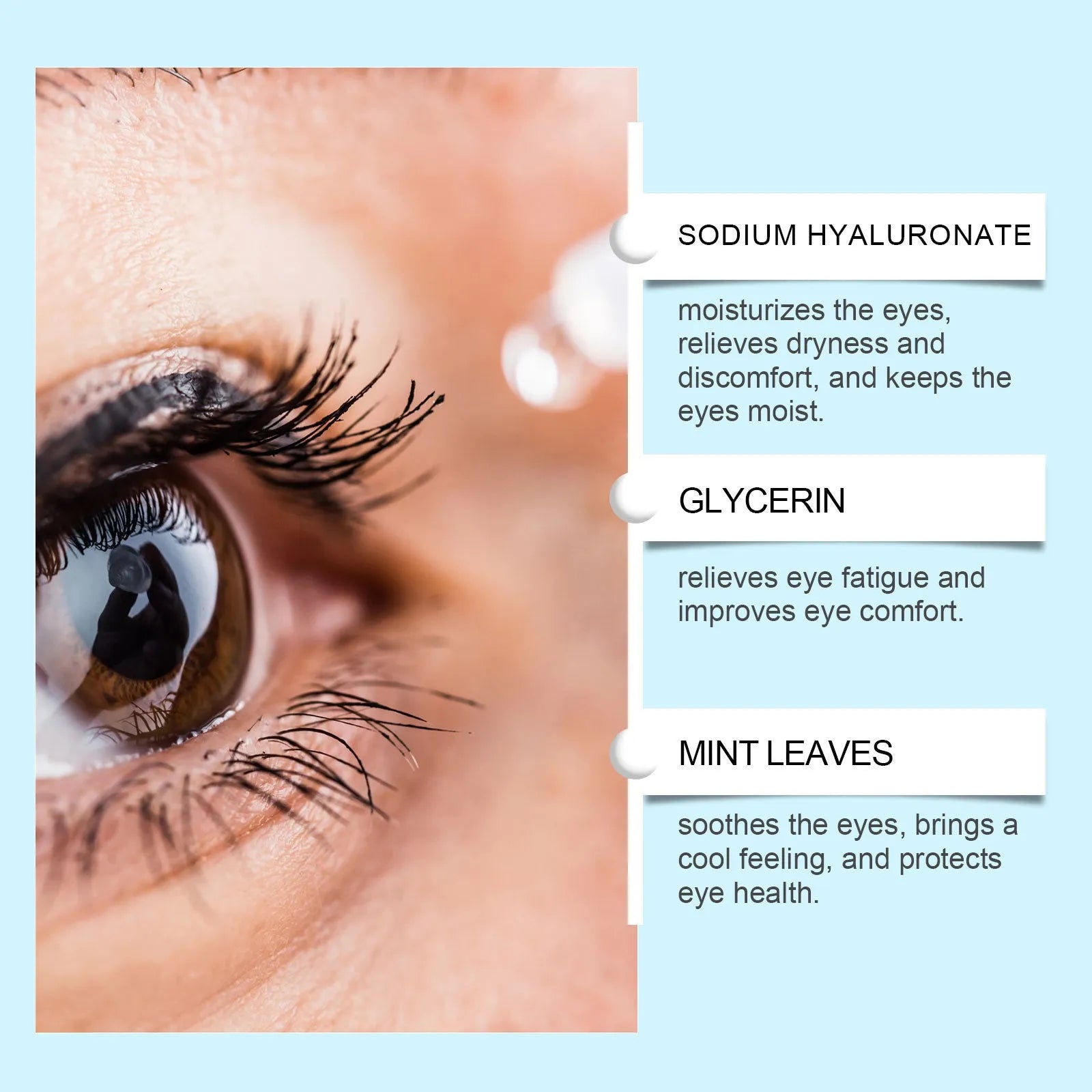 Bottle of mint and sodium hyaluronate moisturising eye drops for gentle eye care.