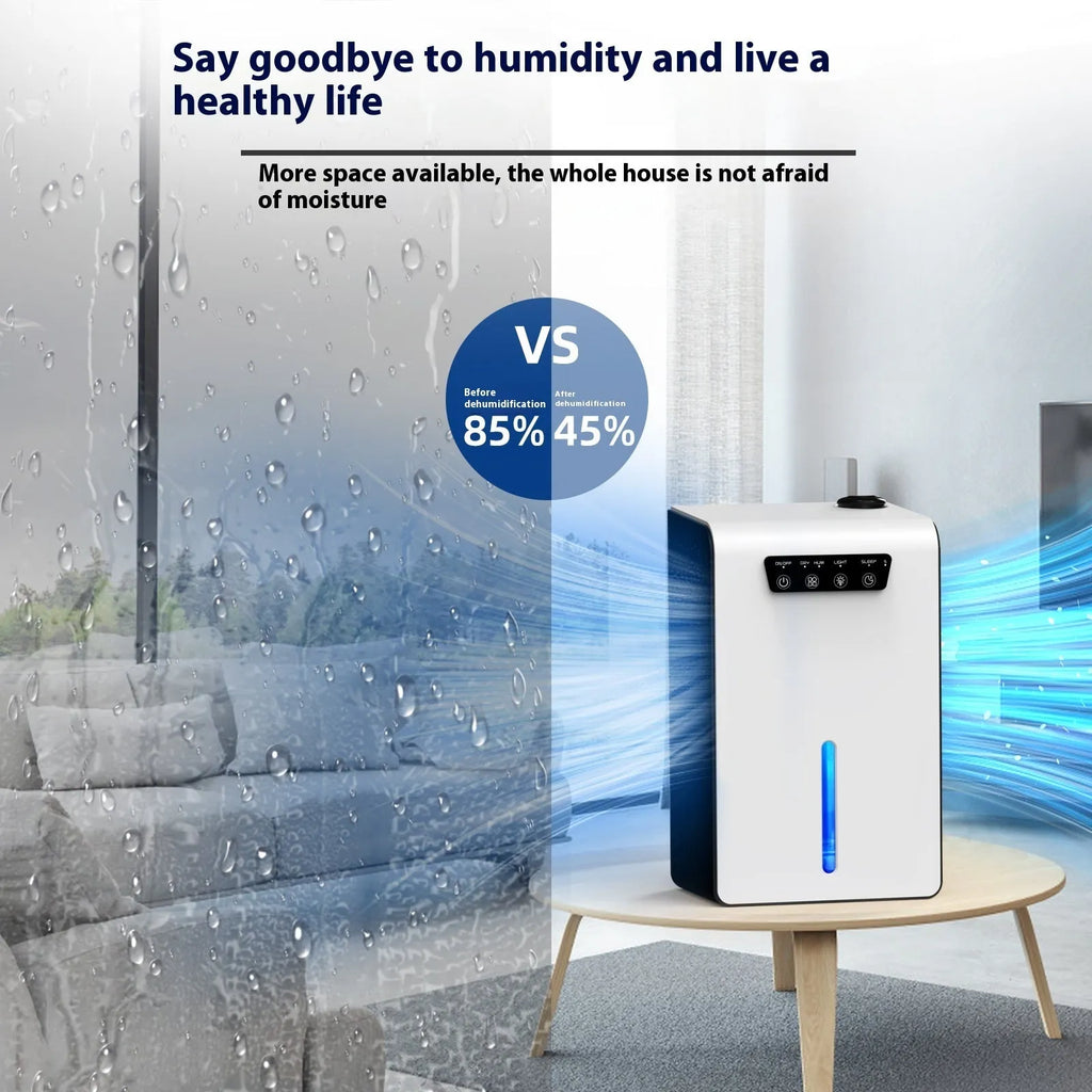 Milky white portable dehumidifier with water reservoir for bedroom moisture control