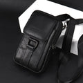Genuine cowhide leather men's waist bag square vertical shape with sewing line detail black colour