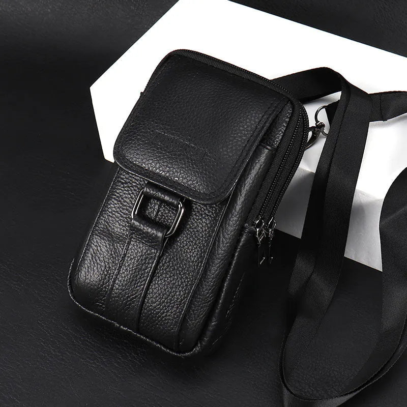 Genuine cowhide leather men's waist bag square vertical shape with sewing line detail black colour