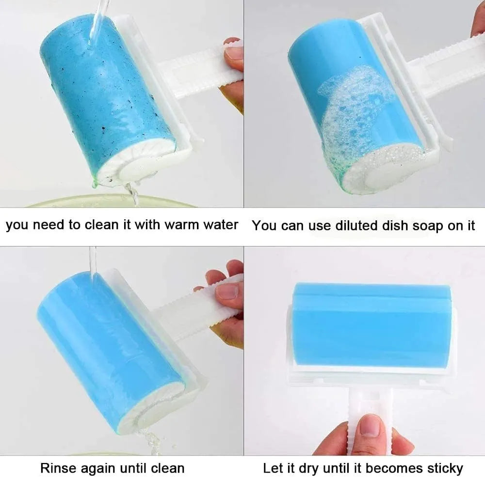 Blue reusable washable lint roller with cover for removing pet hair from clothes and sofas.