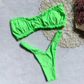 Solid colour women's high-waist bikini with split chest pad in leopard print, green, or red