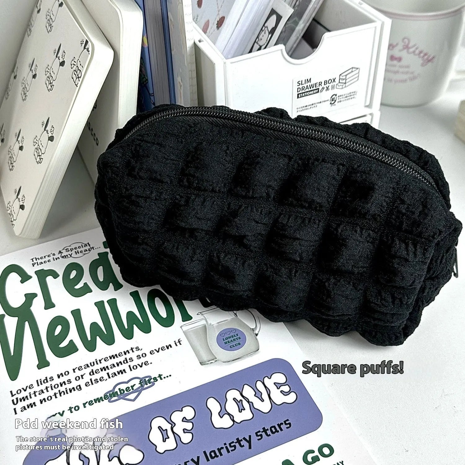 Cream puff personality design fabric pencil case in beige and black colour options