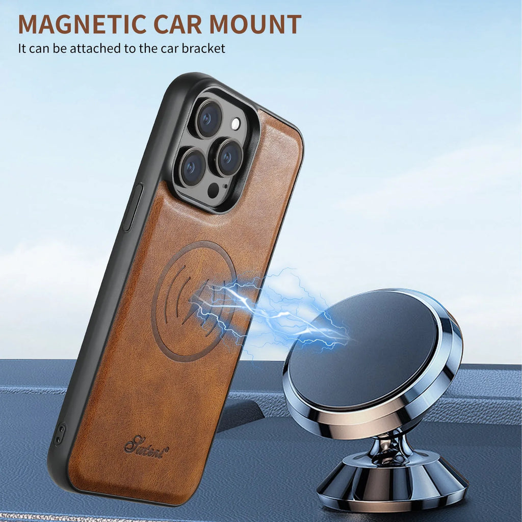 MagSafe-compatible silicone phone case with a magnetic card holder on the back in an oil wax pattern finish.