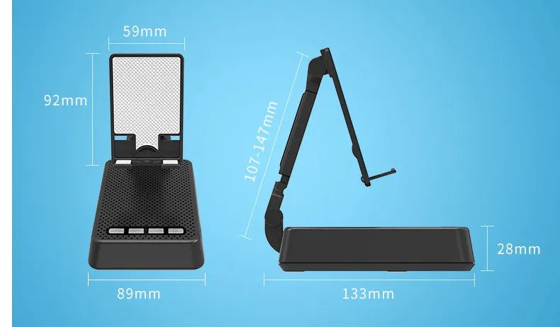 Black mobile phone broadcasting stand with Bluetooth speaker and microphone on desk