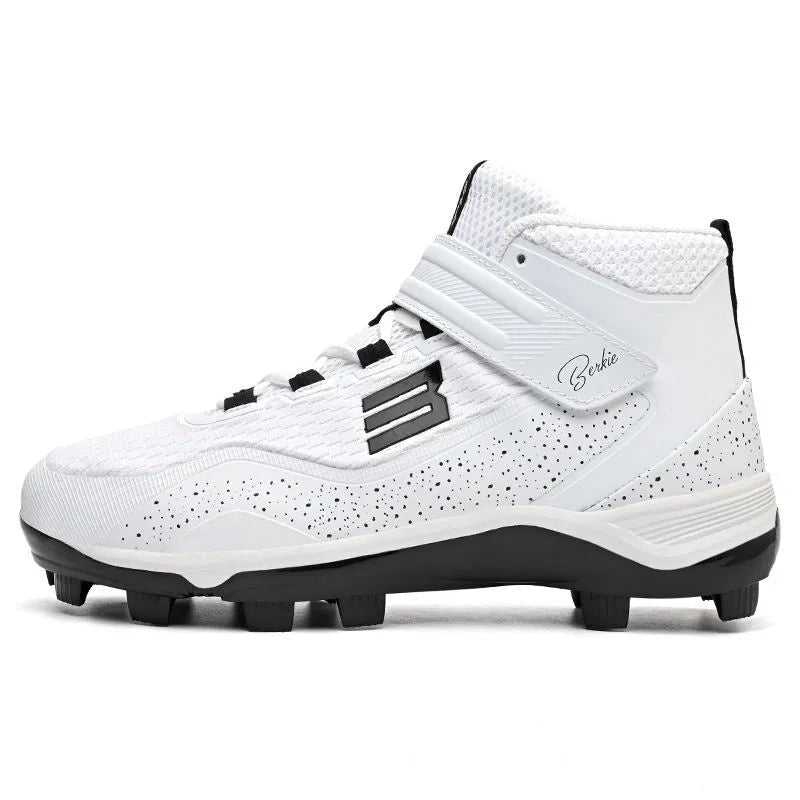 Black and white professional baseball sneakers with superfine fibre mesh upper and rubber sole