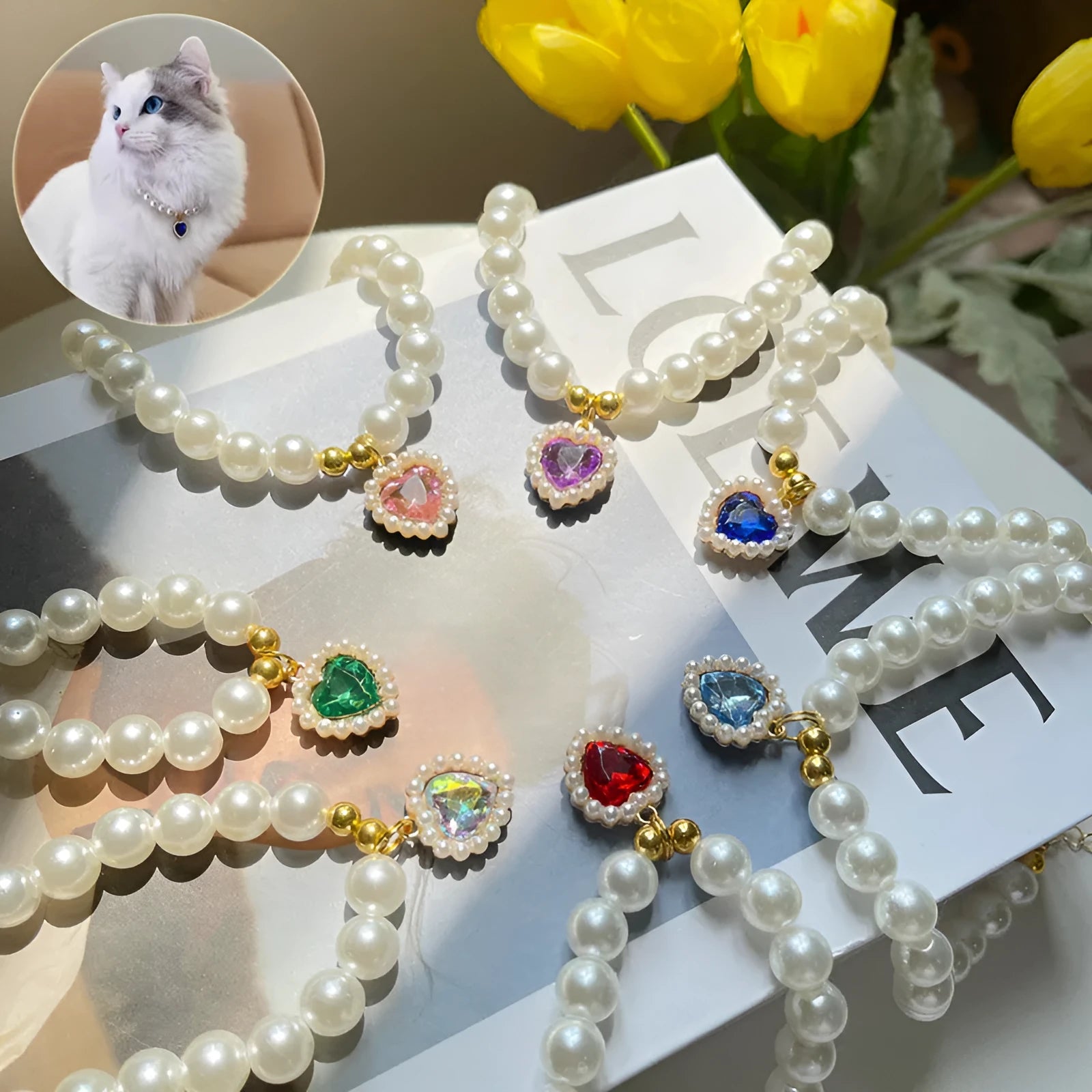 Retro love crystal pendant imitation pearl pet necklace for cats and dogs, colour options black coral blue green pink purple red sapphire blue