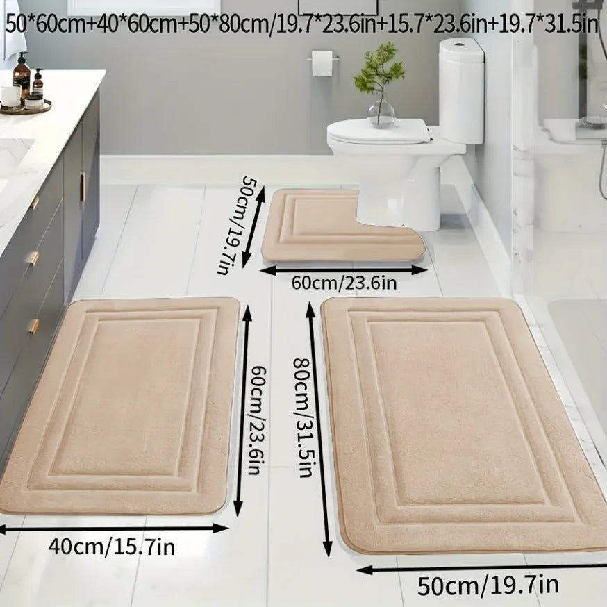 Three-piece PVC bathroom floor mat set in grey stripes - one large, one medium, one small mat for bathroom use
