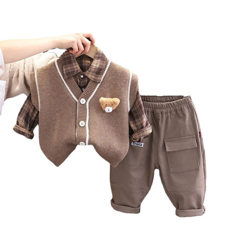 Children's knitted cotton sweater vest set with long sleeves, cartoon pattern, beige and brown colour options, sizes 80-120cm