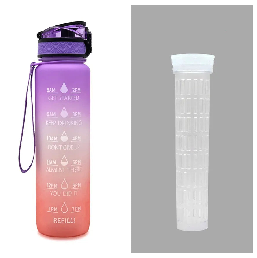 1L Tritan sports water bottle with time markers and flip-top lid in blue-red gradient colour