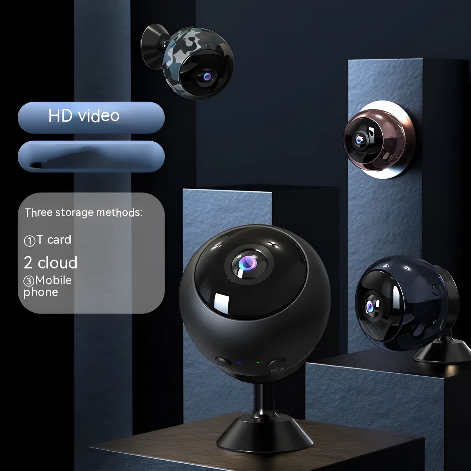 Wireless WIFI surveillance camera with ABS plastic housing showing lens and connectivity ports