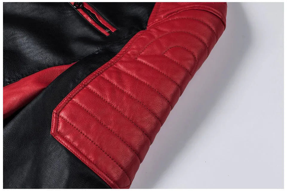 Men's retro PU leather motorcycle jacket with stand collar and zipper pockets, in brick red, brown, or ivory white
