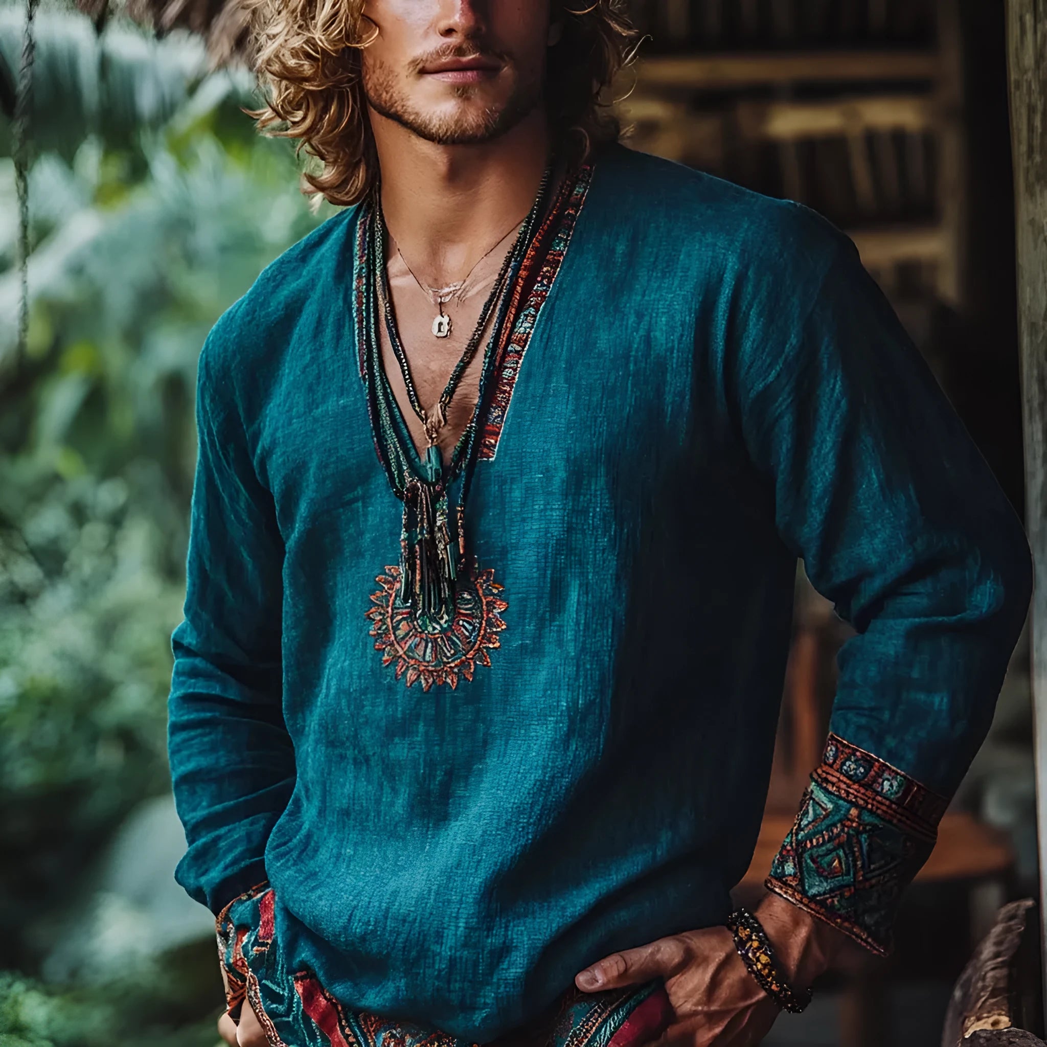 Women's vintage boho print long sleeve casual top in a picture colour, shown as a pullover.