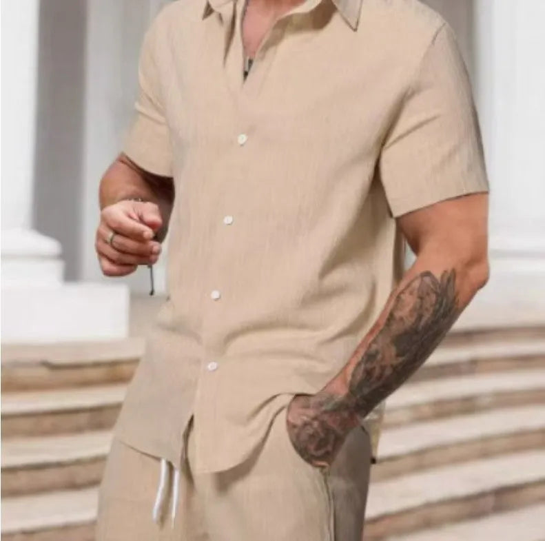 Men's striped casual short sleeve suit set with matching shorts in colour YT50313P1