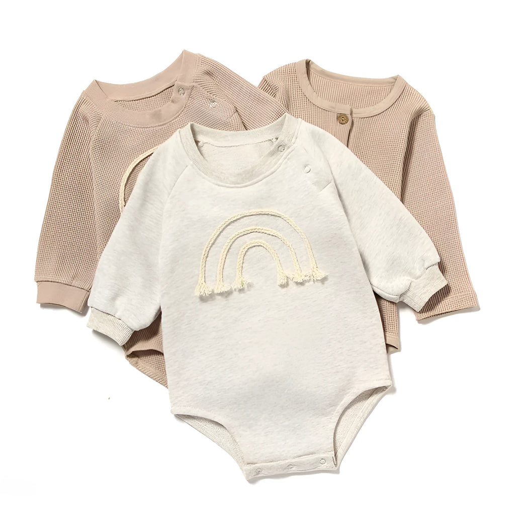 Waffle cotton baby long sleeve romper in beige with cotton rope closure
