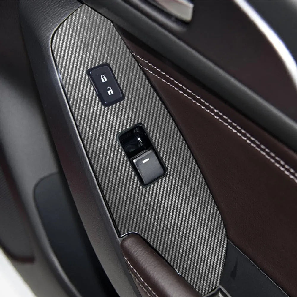 Set of four TPU protective films for car door switch panels in clear and textured black finishes.