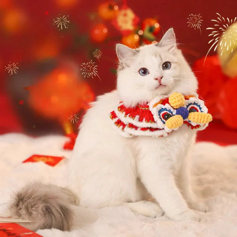 New Year pet scarf collar in Lion Dance Blessing design for cat or dog, size S or M, festive autumn winter accessory