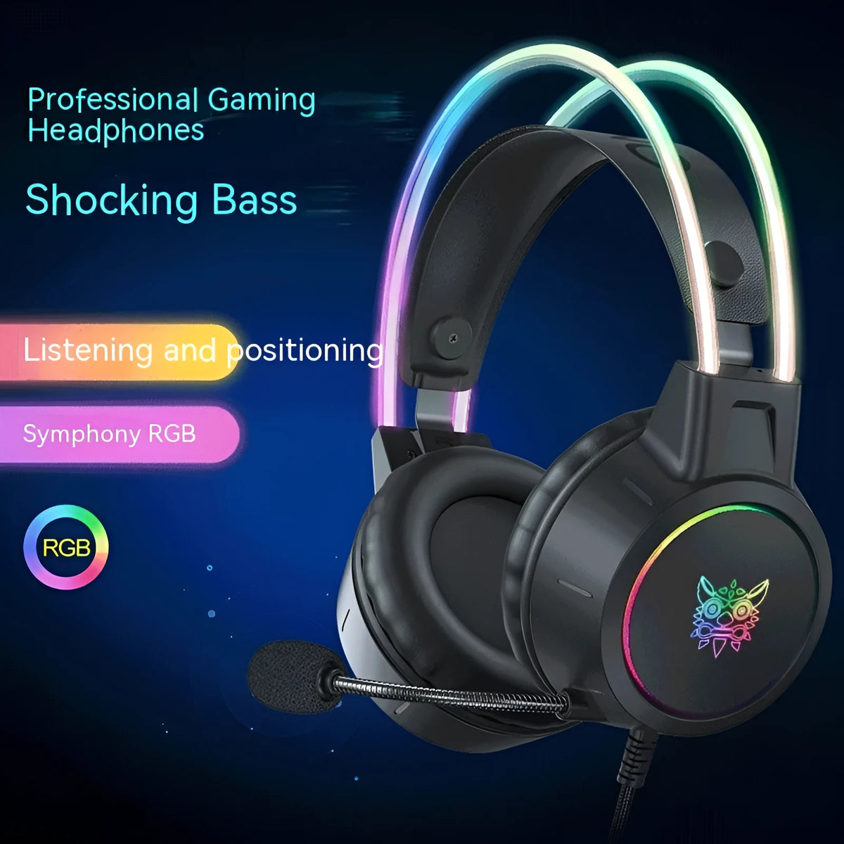 X15PRO wired gaming headset with RGB luminous lights and built-in microphone on black background