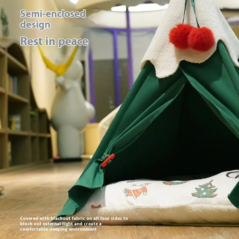 Brown and white semi-closed cloth cat house bed for winter, shown in two available sizes.