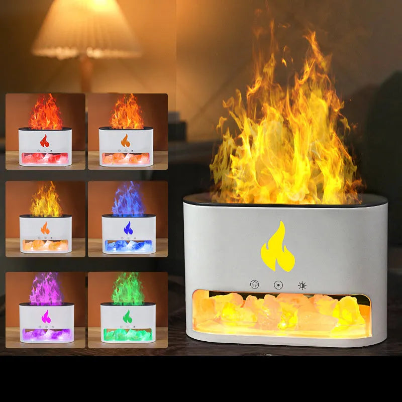 Square white ultrasonic humidifier and aromatherapy diffuser with colourful 3D flame light effect on a desk.
