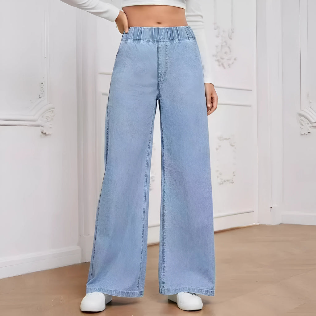 Light blue washed wide-leg denim jeans with straight-leg cut and mid-waist design