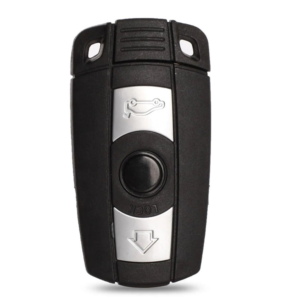 BMW semi-intelligent three-button remote car key fob on a grey background