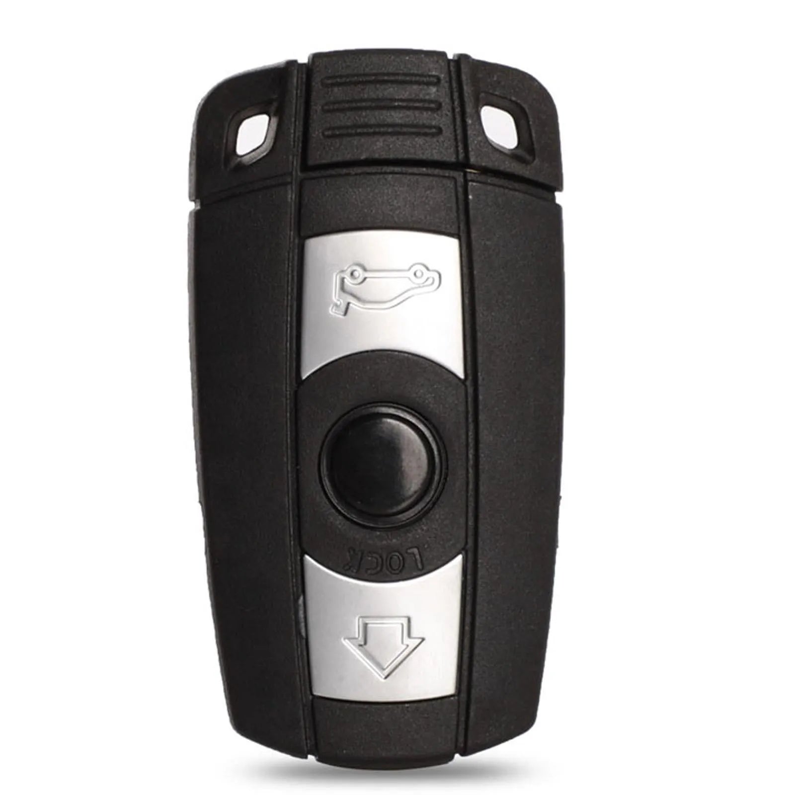 BMW semi-intelligent three-button remote car key fob on a grey background