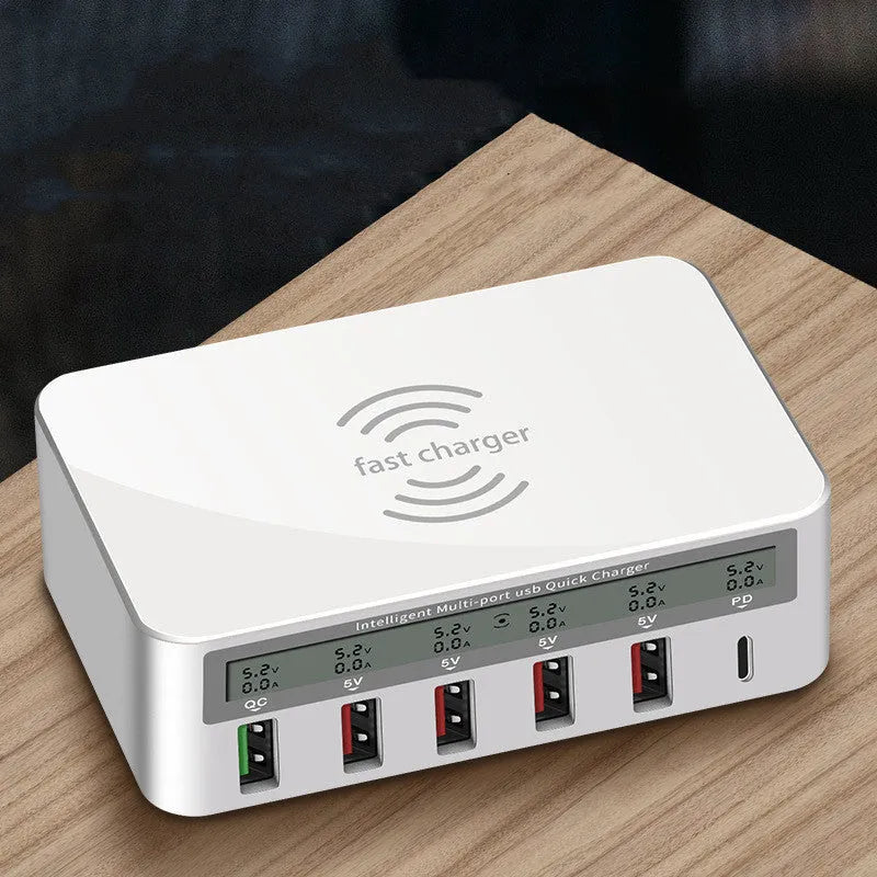 QC30 50W six-port USB desktop charger with optional wireless pad and UK plug.