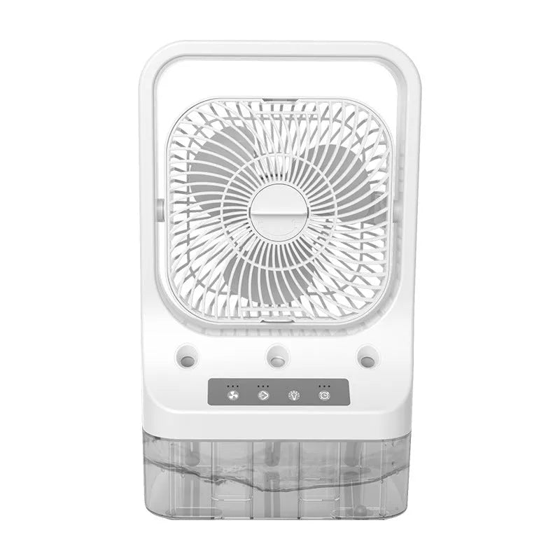 White USB rechargeable air cooler fan with water tank and adjustable head on a table.