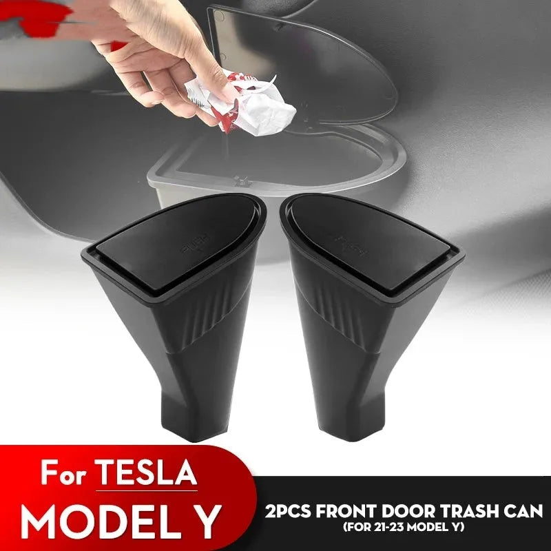 Two black plastic car trash cans designed for Tesla Model Y door pockets.