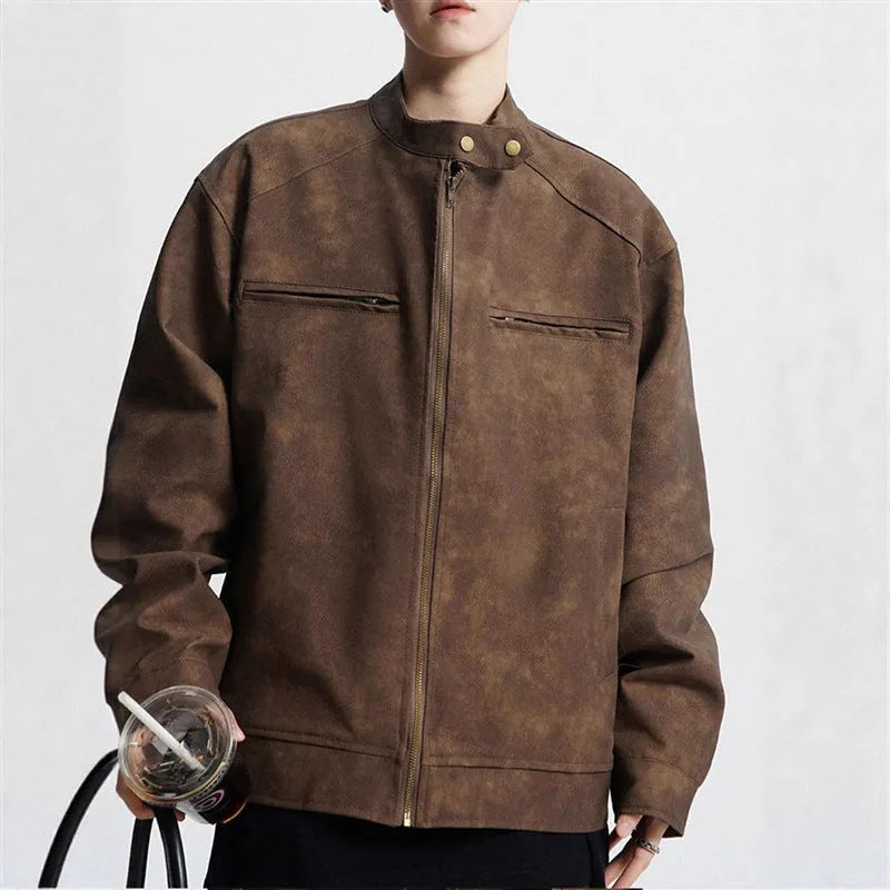 Vintage brown distressed PU motorcycle coat with stand-up collar and loose fit