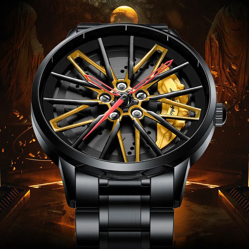 Three-dimensional hollow car inspired forged men's quartz watch with rotating steel belt in all black red colour