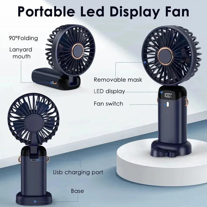 Blue portable handheld electric fan showing foldable design, LED display, and included neck lanyard