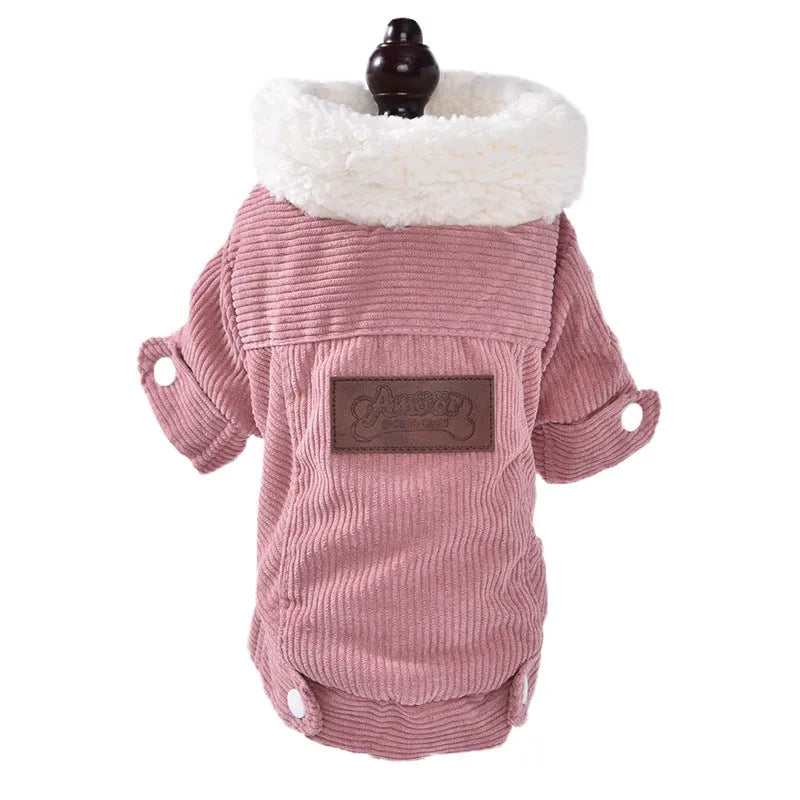 A grey lambswool vest for dogs with fleece lining, shown on a mannequin.