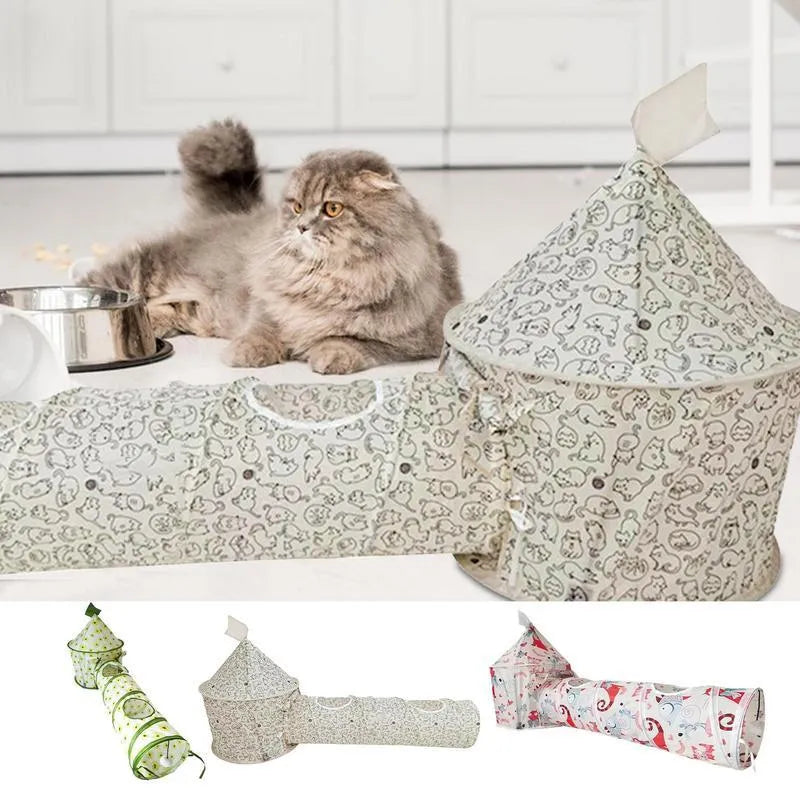 Foldable cat play tunnel in green with a small room and long tunnel section on a white background