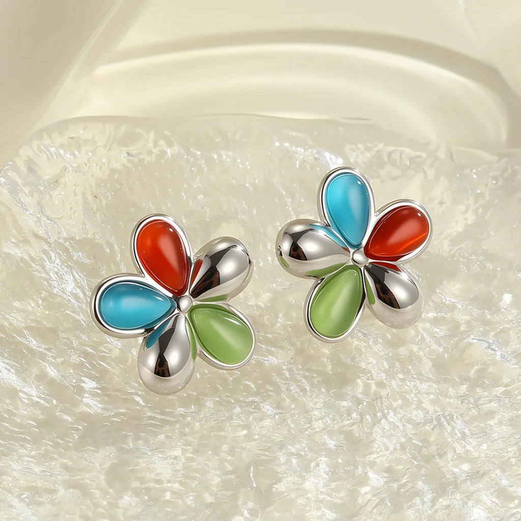 Colourful opal flower stainless steel stud earrings with 18K gold electroplated finish, pair of two earrings.