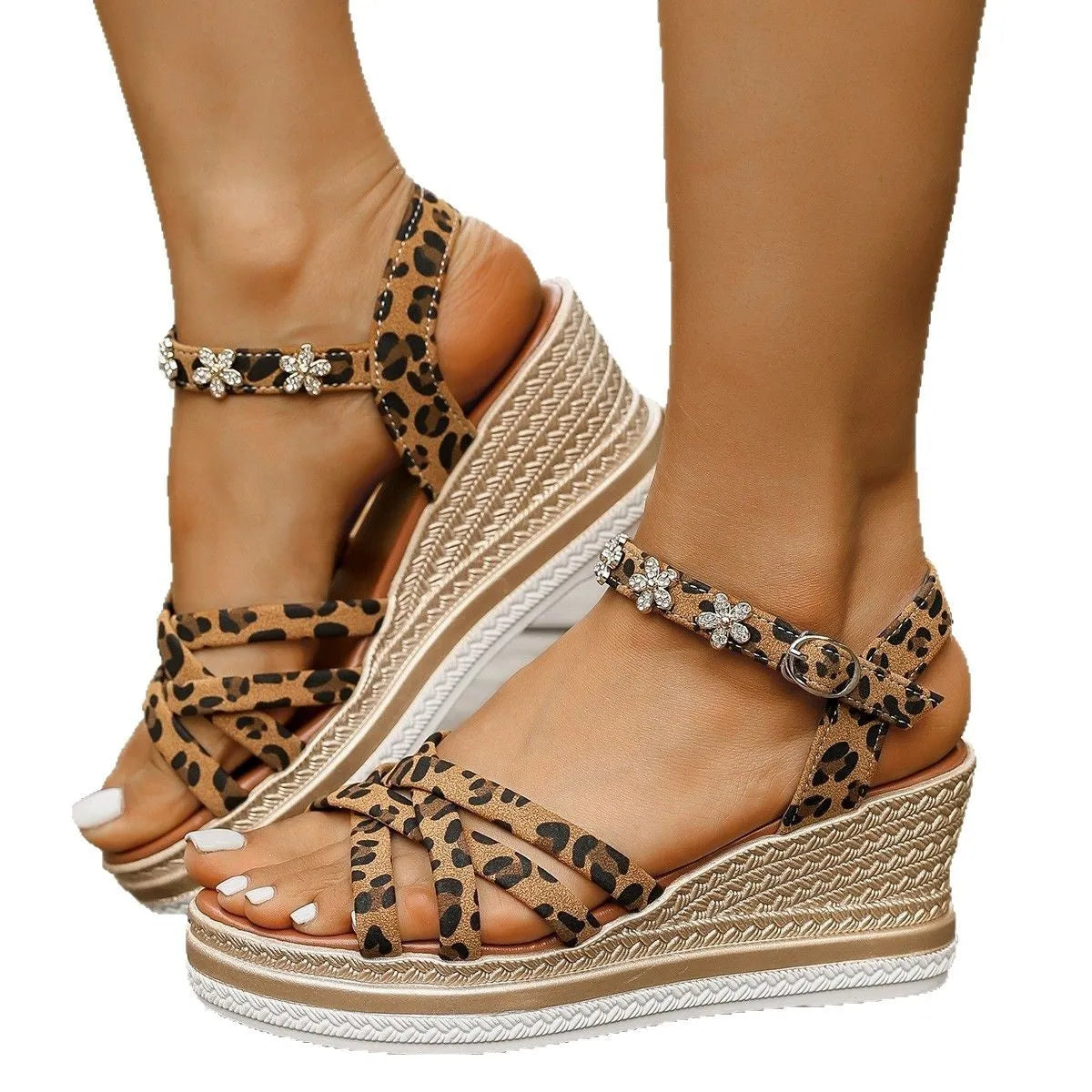 Light brown suede women's platform sandals with ankle buckle straps and open toe design