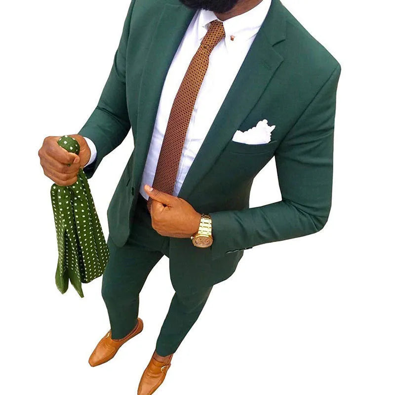 Men's purple cotton banquet suit comprising a jacket and trousers, shown on a hanger.