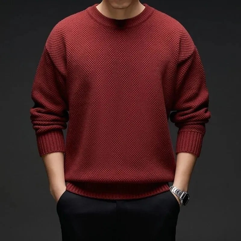 Ankela Red Dopamine low collar thickening polyester pullover sweater in Aili small silk red, front view