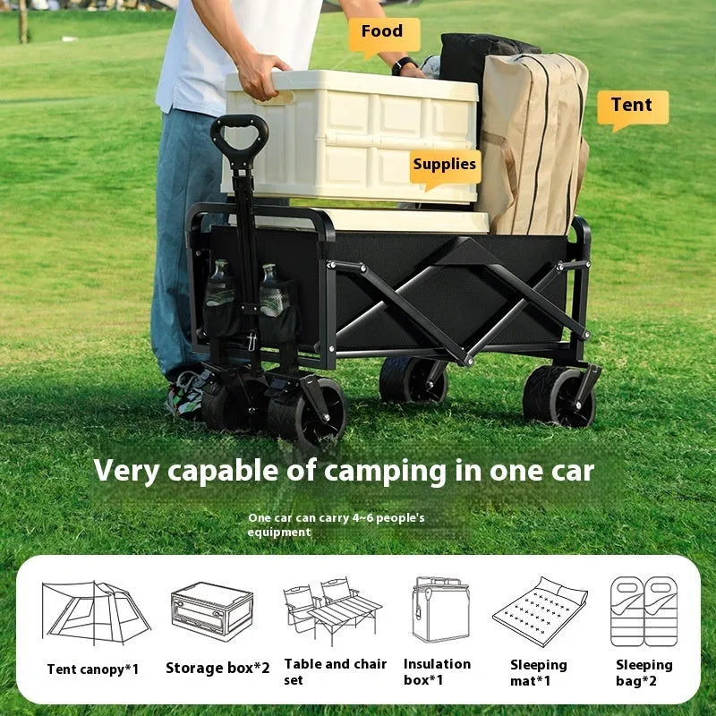 Black outdoor camping trolley with metal frame, 8-inch off-road wheels, and child lying inside, 400kg capacity