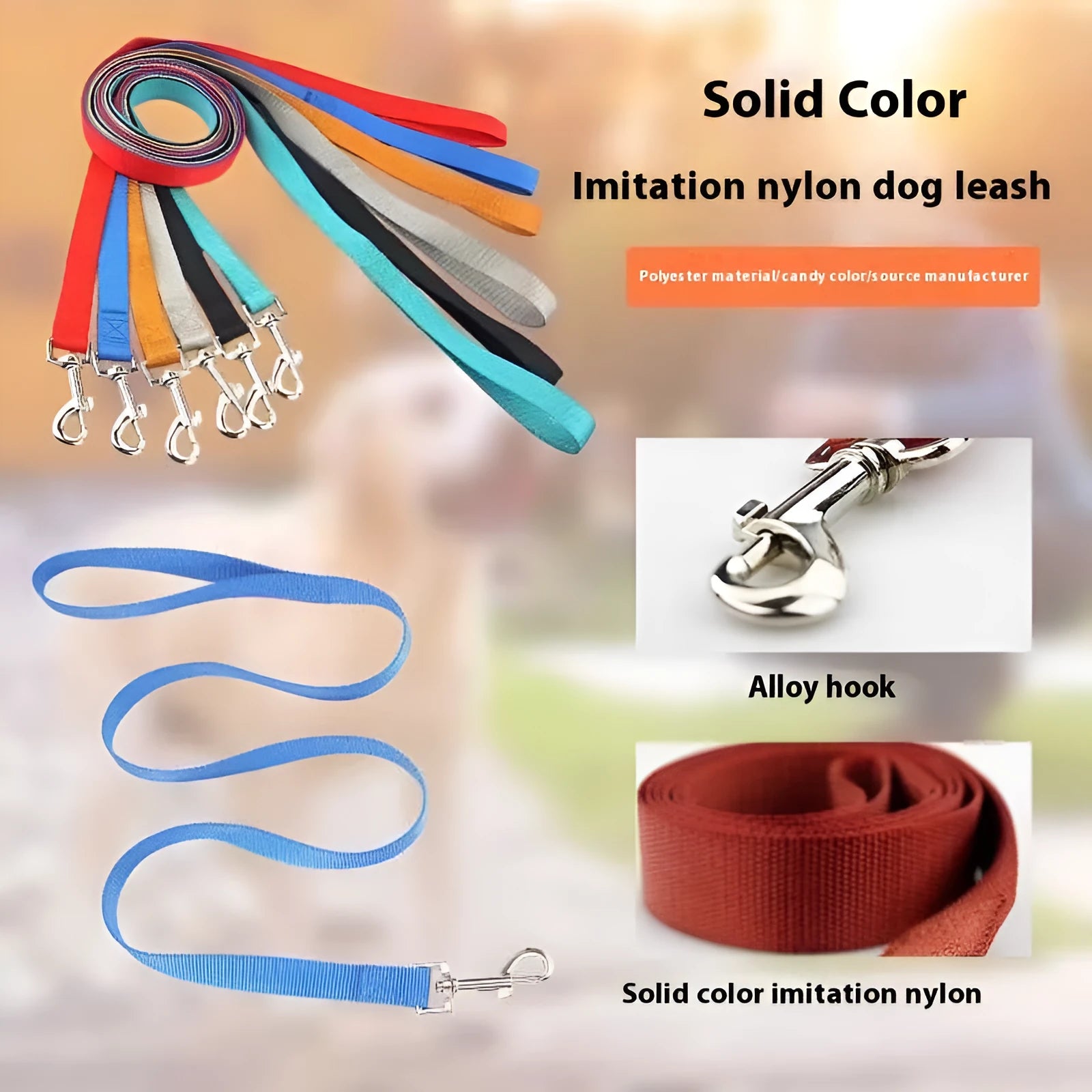 Solid colour nylon dog lead shown in various colours with hand-holding rope design