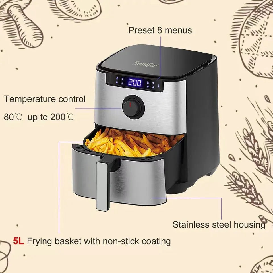 Black plastic household touch screen 5L air fryer with 1450W power and EU plug