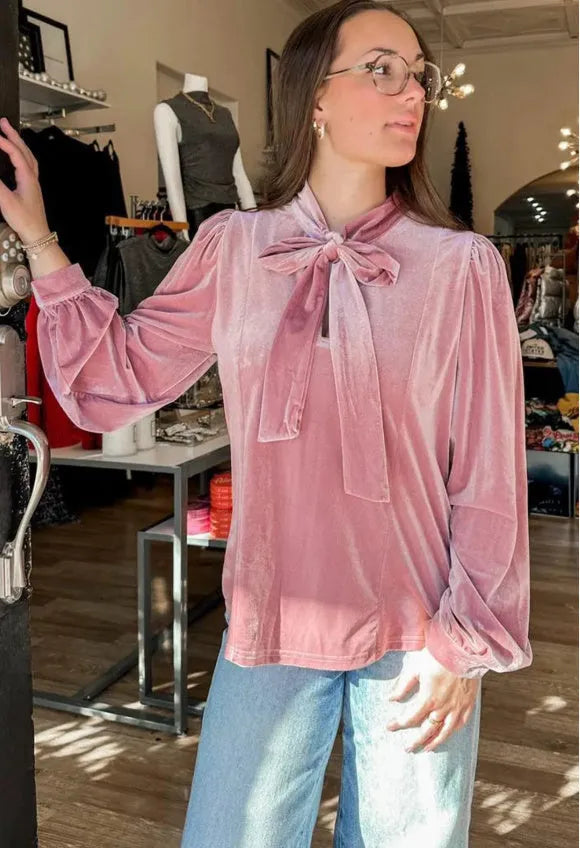 Fuchsia solid colour velvet long sleeve blouse with ribbon bow knot at neck