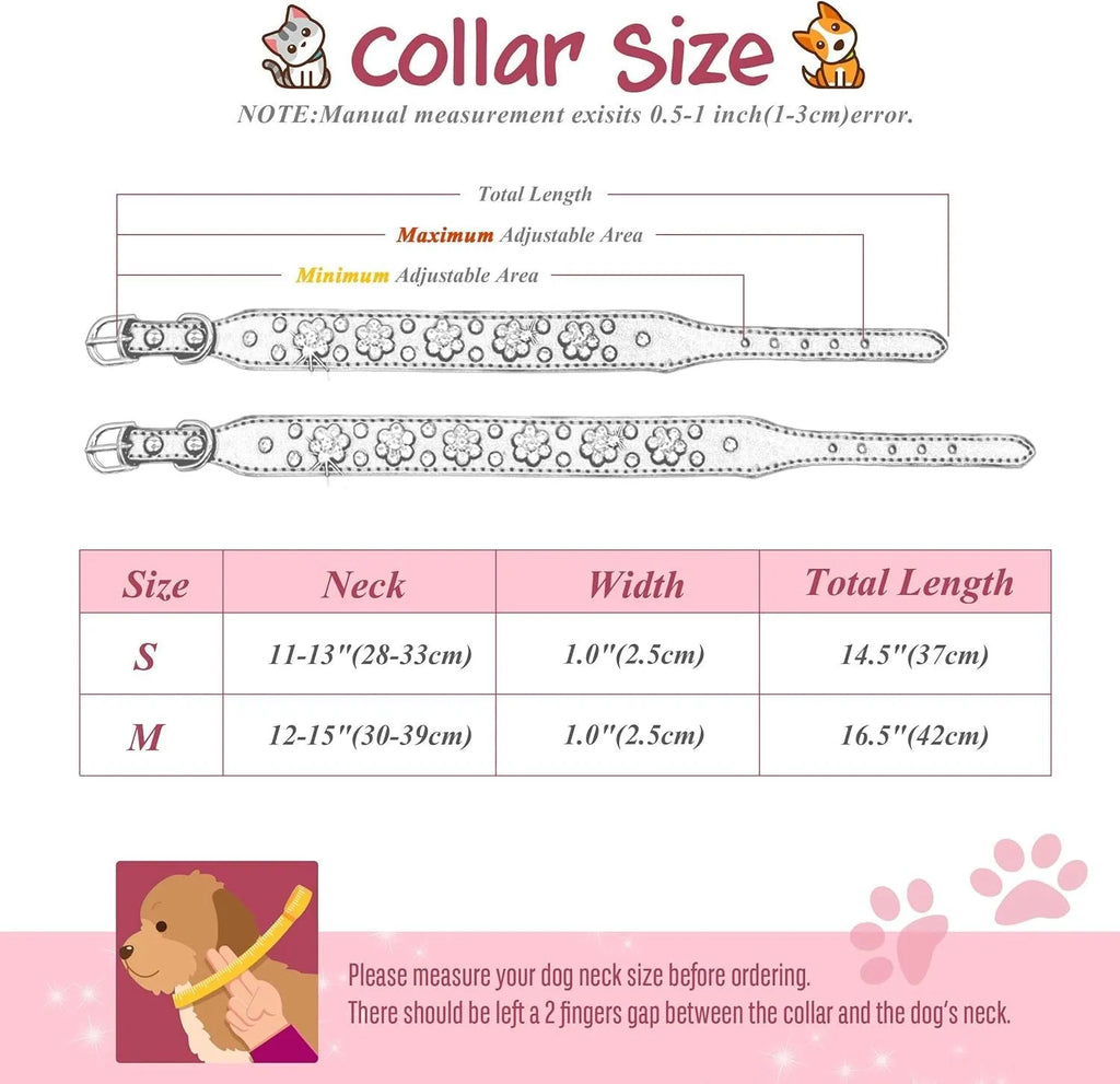 Rhinestone flower studded dog collar in PU leather for small medium dogs