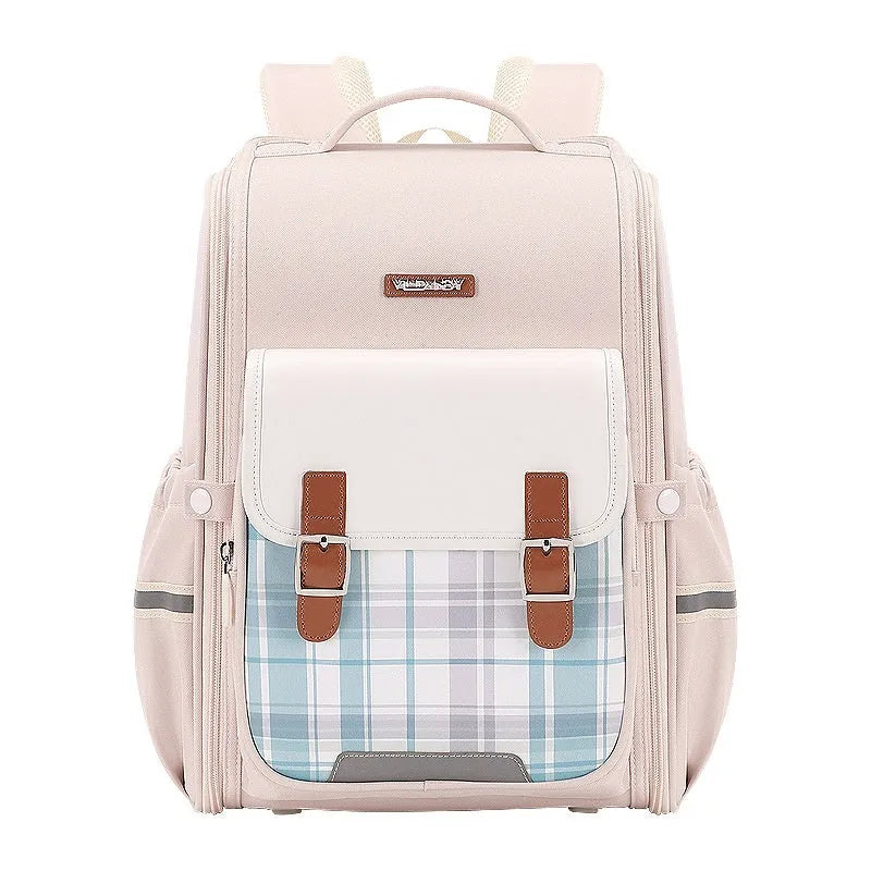 Lightweight Oxford cloth student schoolbag in modern style for Grade 5-6, shown in beige colour.