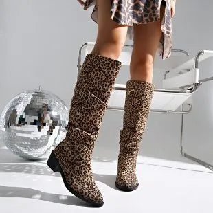 Brown women's leopard print square toe boots with chunky heel and high shaft design